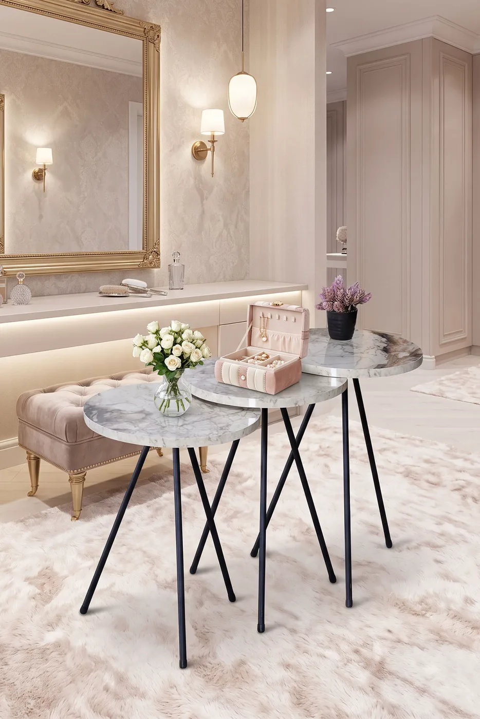 3-Piece Round Nesting Table Set Metal Legs - White Marble Effect