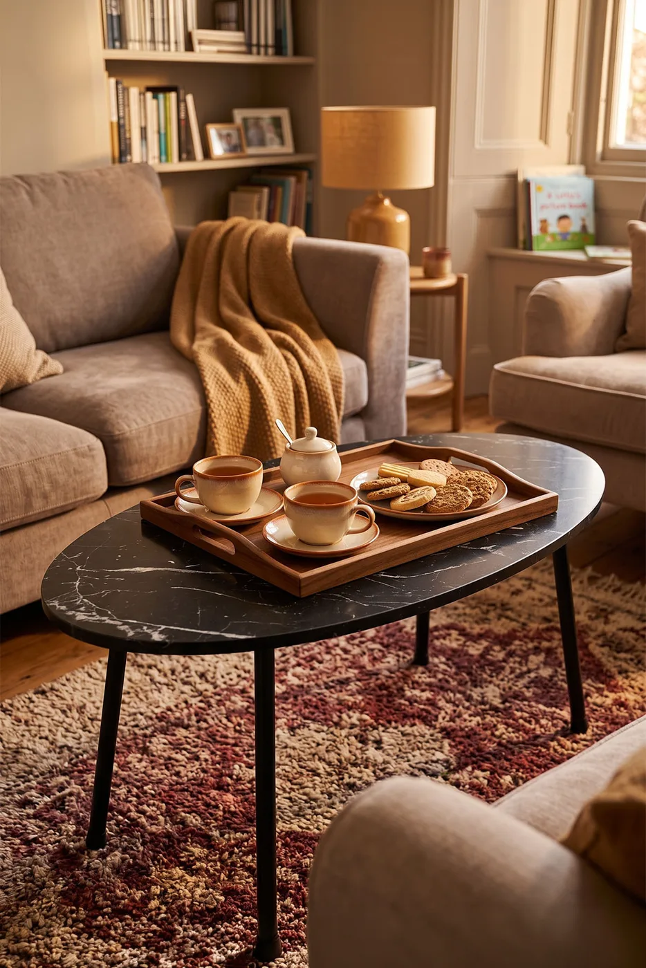 Oval Coffee Table Metal Legs - Black Marble Effect