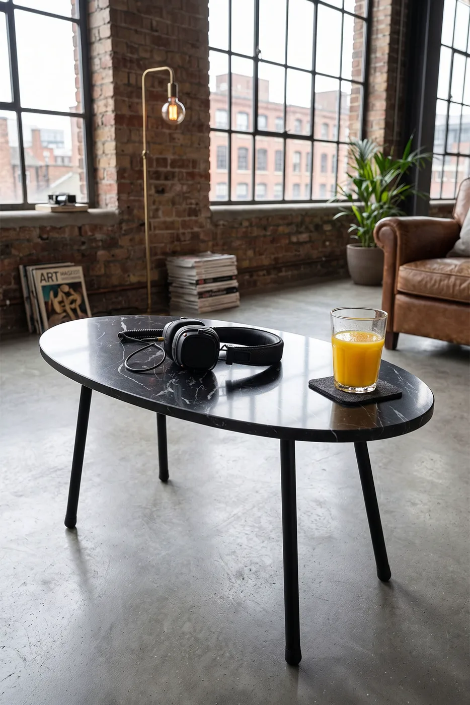 Oval Coffee Table Metal Legs - Black Marble Effect