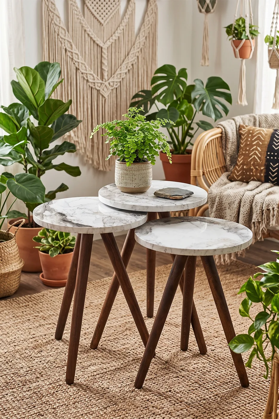 3-Piece Round Nesting Table Set Turned Wooden Legs - White Marble Effect 2