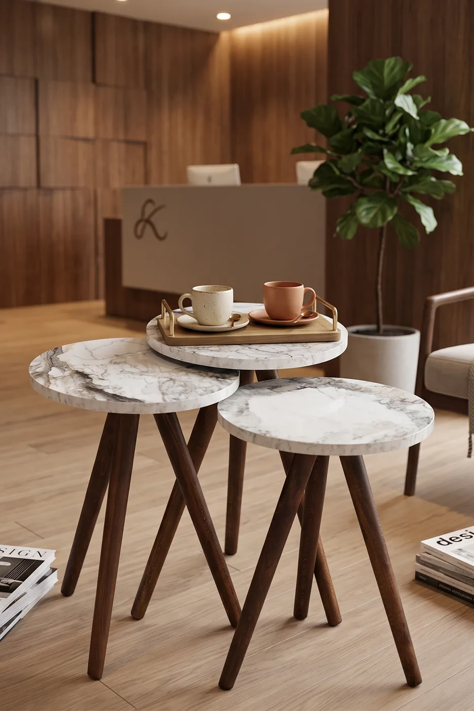 3-Piece Round Nesting Table Set Turned Wooden Legs - White Marble Effect 2