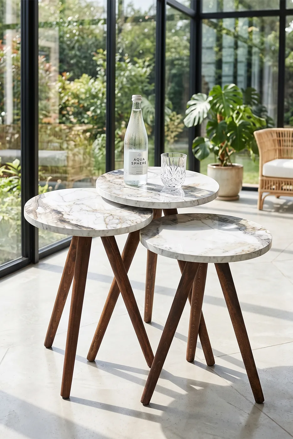 3-Piece Round Nesting Table Set Turned Wooden Legs - White Marble Effect 2