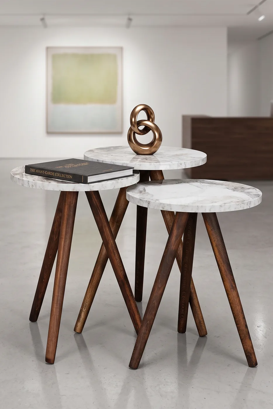 3-Piece Round Nesting Table Set Turned Wooden Legs - White Marble Effect 2