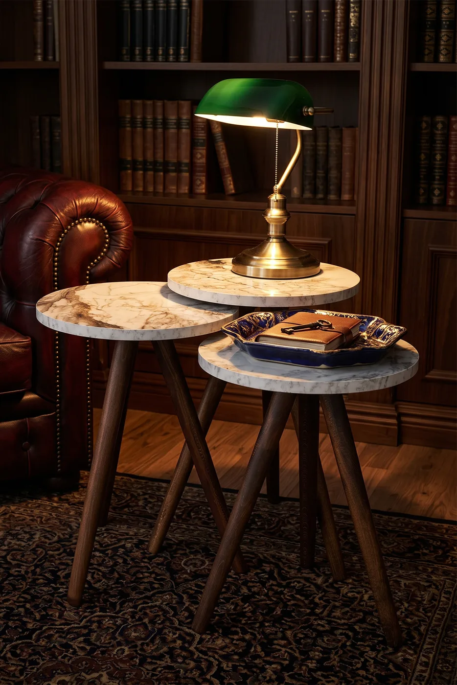 3-Piece Round Nesting Table Set Turned Wooden Legs - White Marble Effect 2