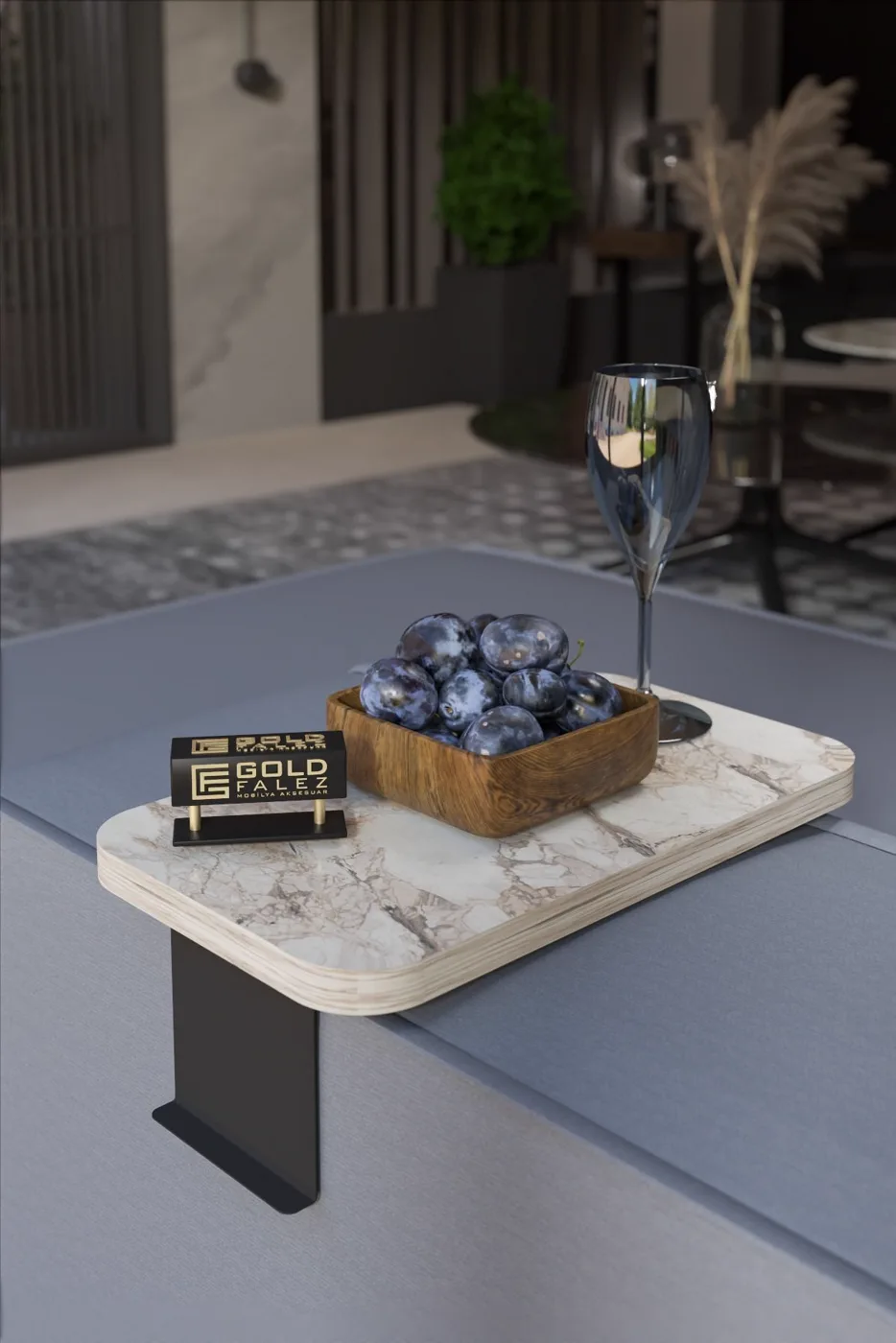 Rectangular Adjustable Tray Side Table - White Marble Effect