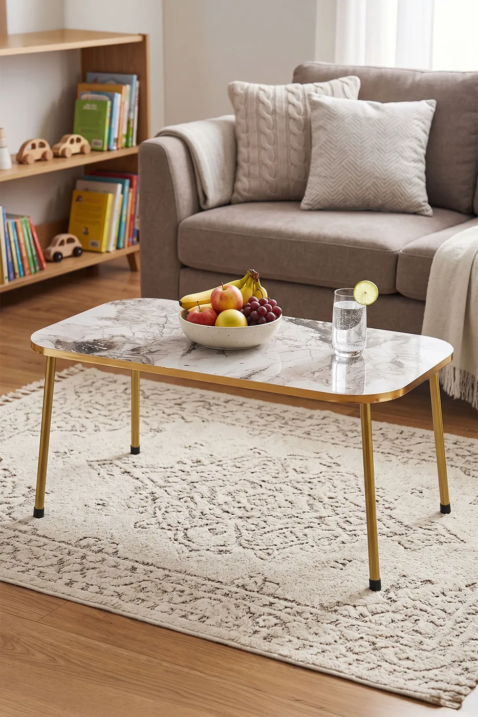 Rectangular Coffee Table Gold Metal Legs - White Marble Effect