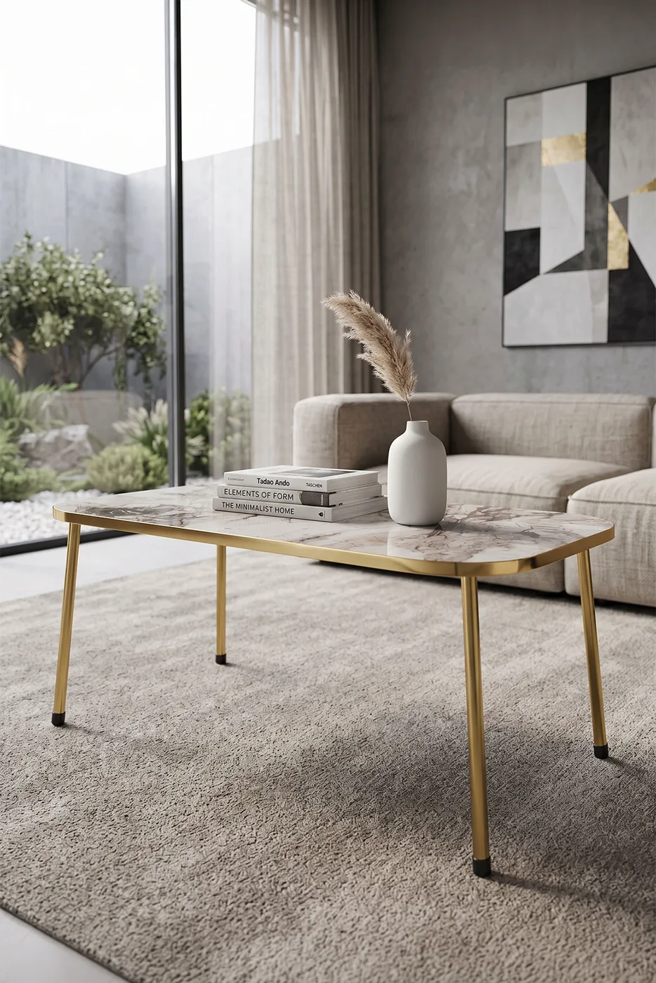Rectangular Coffee Table Gold Metal Legs - White Marble Effect
