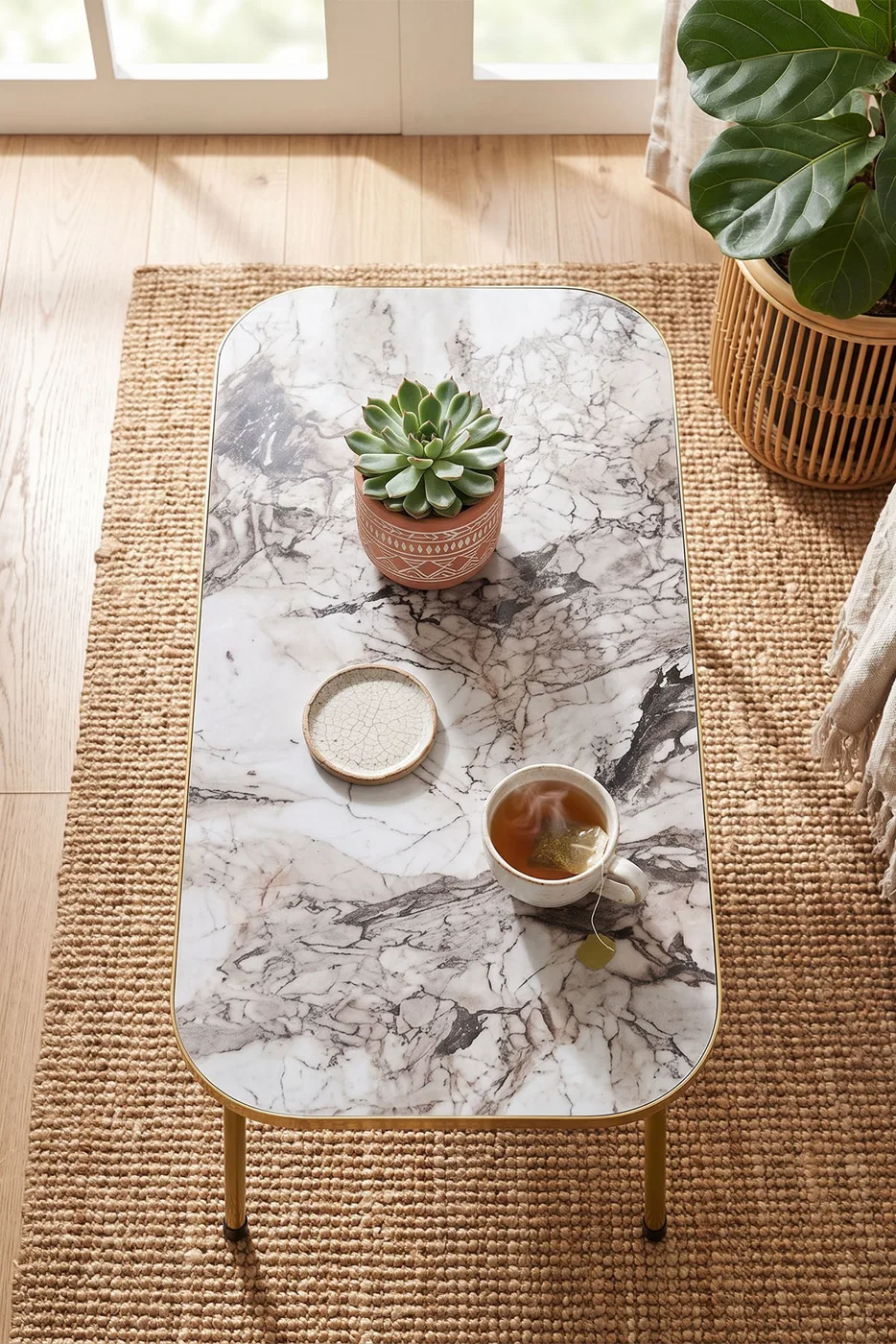 Rectangular Coffee Table Gold Metal Legs - White Marble Effect