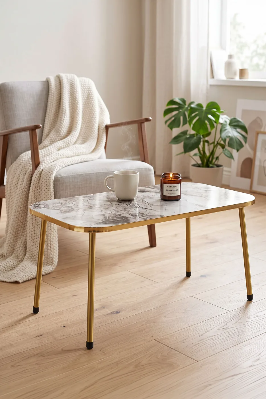 Rectangular Coffee Table Gold Metal Legs - White Marble Effect