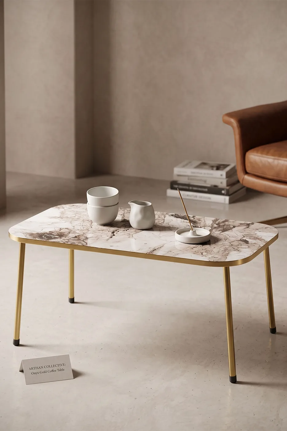 Rectangular Coffee Table Gold Metal Legs - White Marble Effect