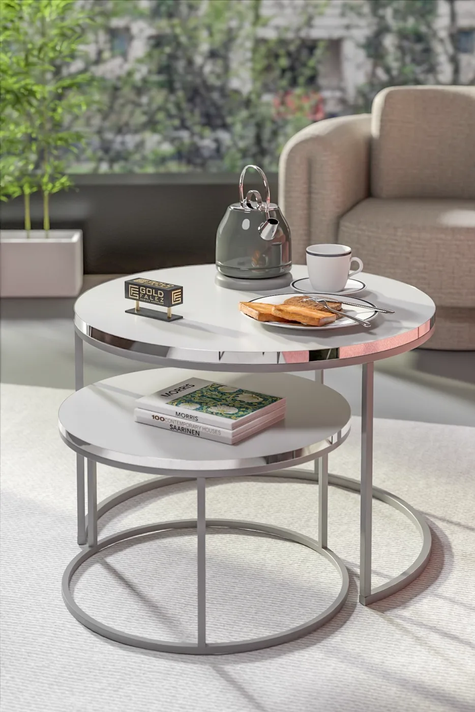 Gümüş Metal Ayak 2'li Orta Sehpa Suntalam Beyaz