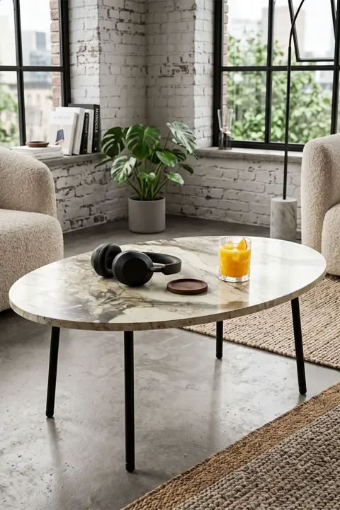 Oval Coffee Table Metal Legs - White Marble Effect