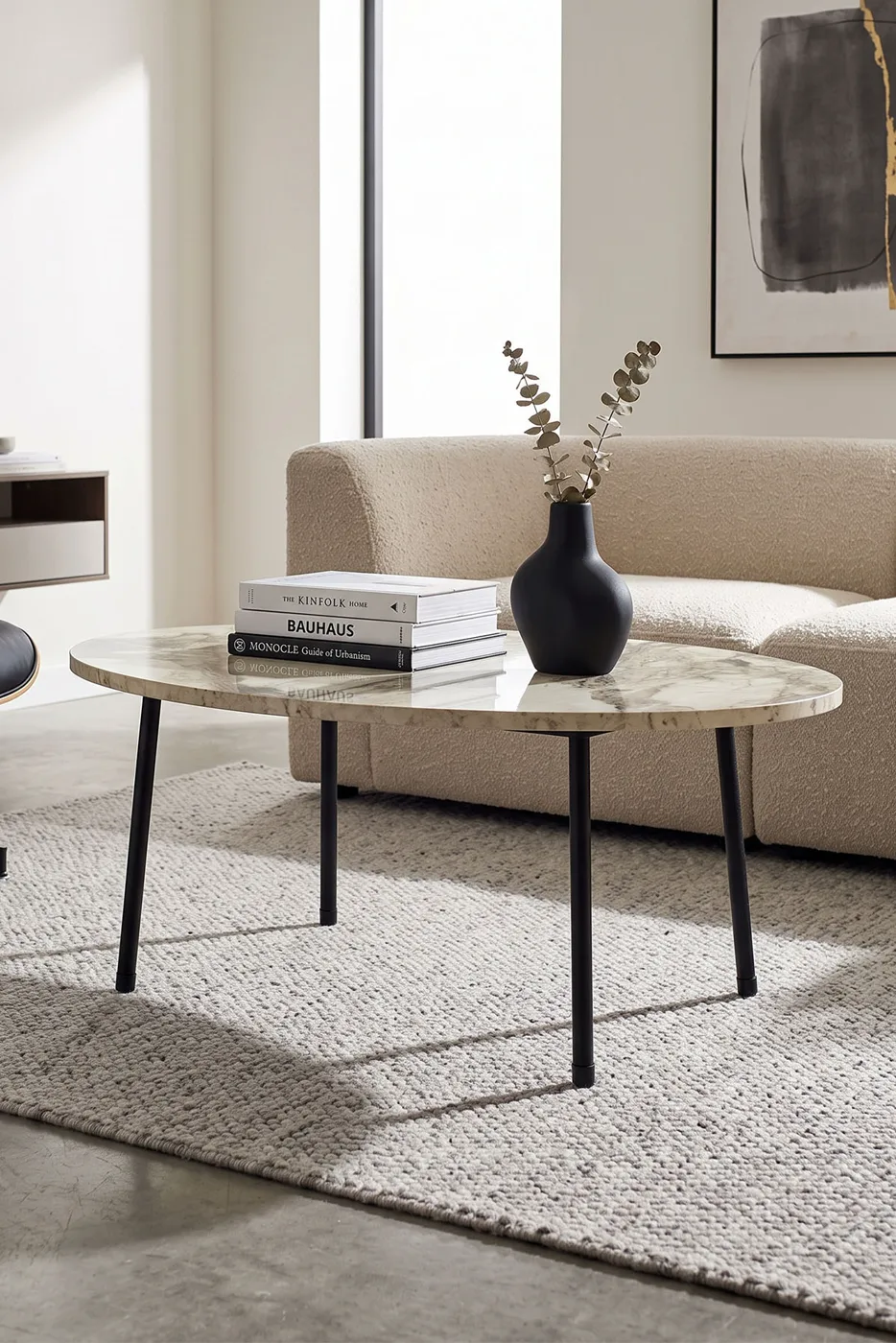 Oval Coffee Table Metal Legs - White Marble Effect