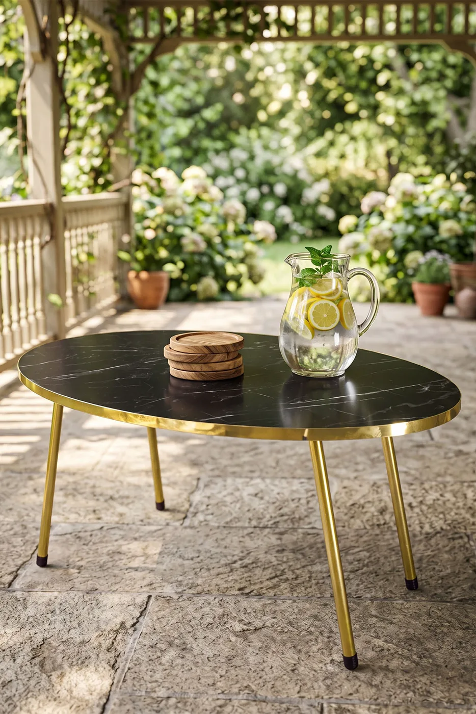 Table basse ovale pieds en métal doré - effet marbre noir