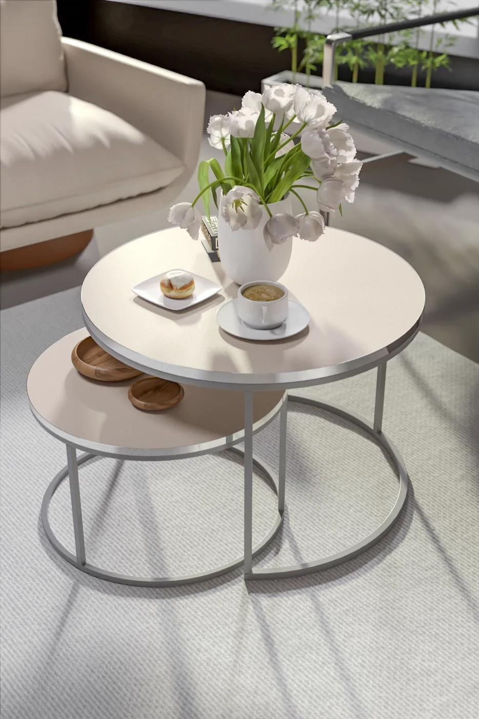 Special 2-Piece Round Coffee Table Set - Cream