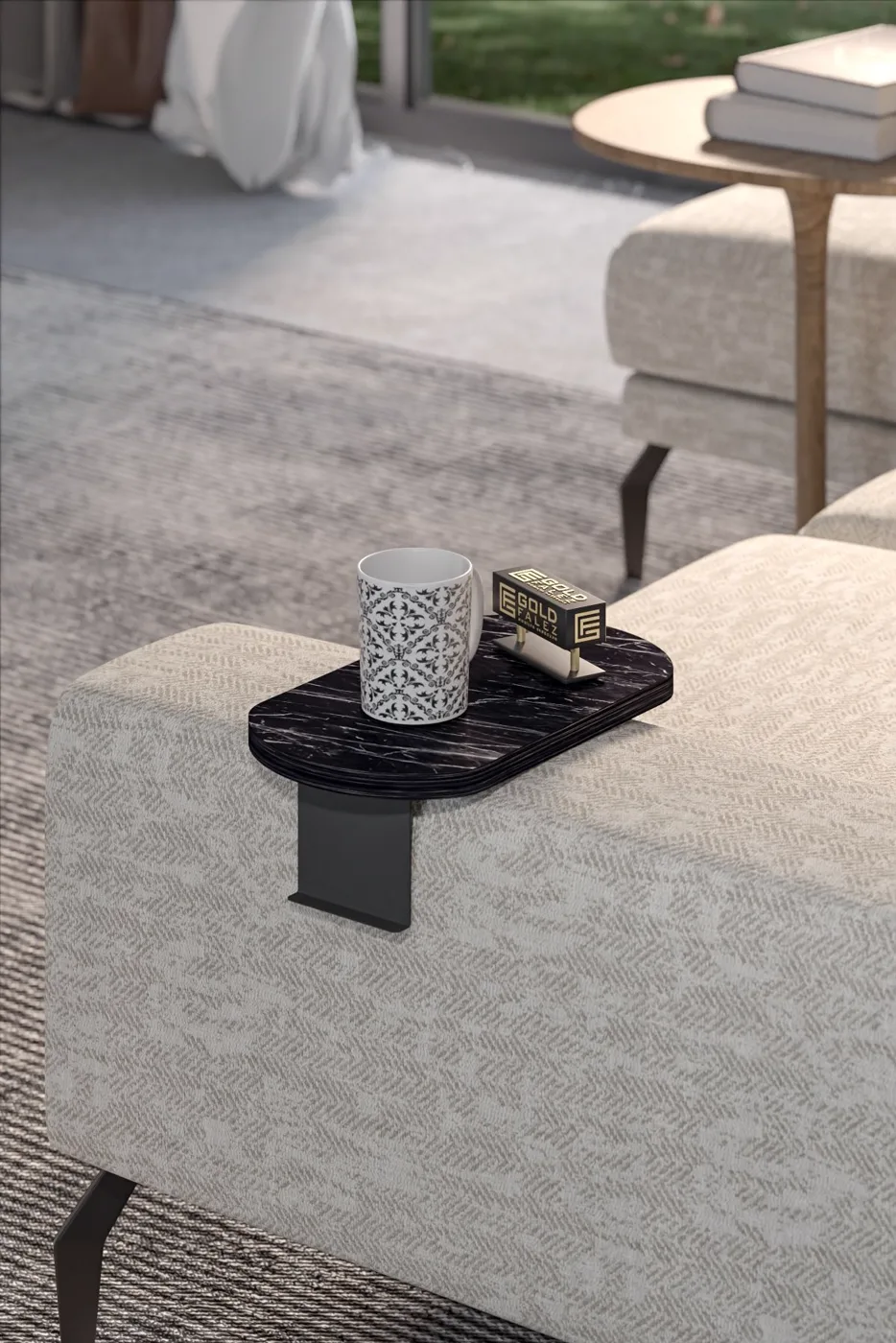 Oval Adjustable Tray Side Table - Black Marble Effect