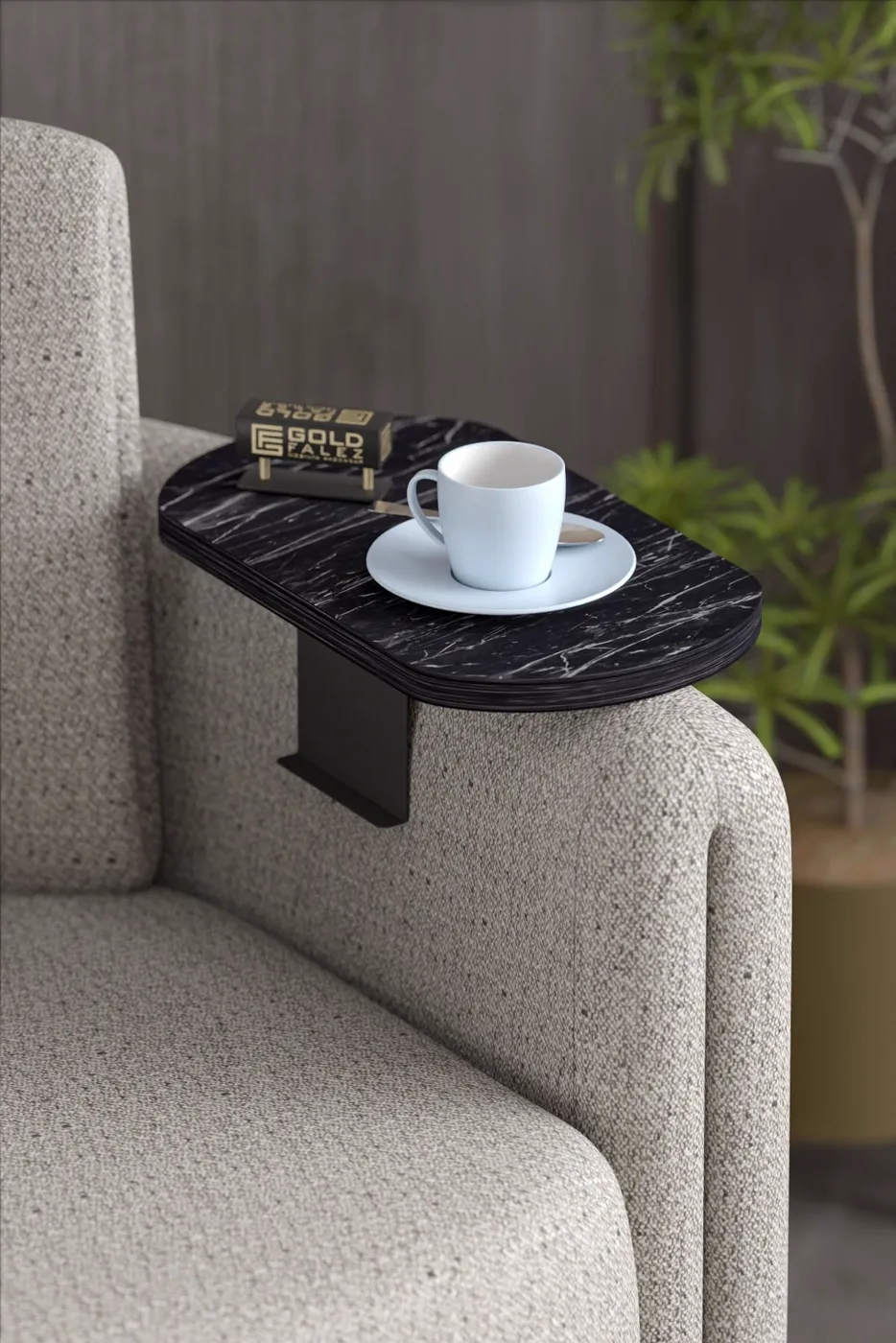 Oval Adjustable Tray Side Table - Black Marble Effect