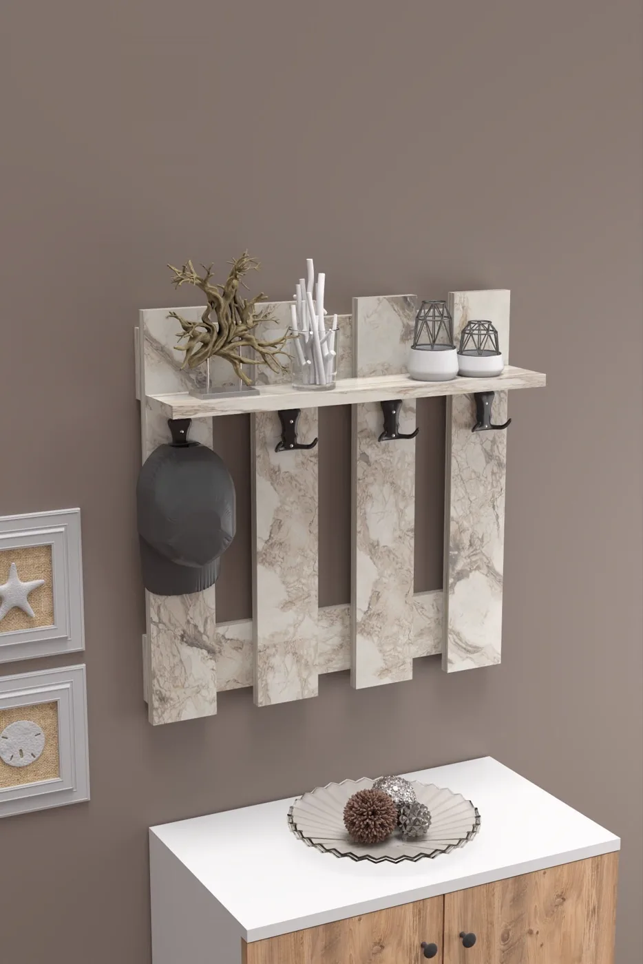 Country Wall Coat Rack - White Marble Effect