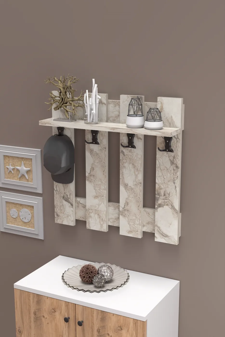 Country Wall Coat Rack - White Marble Effect