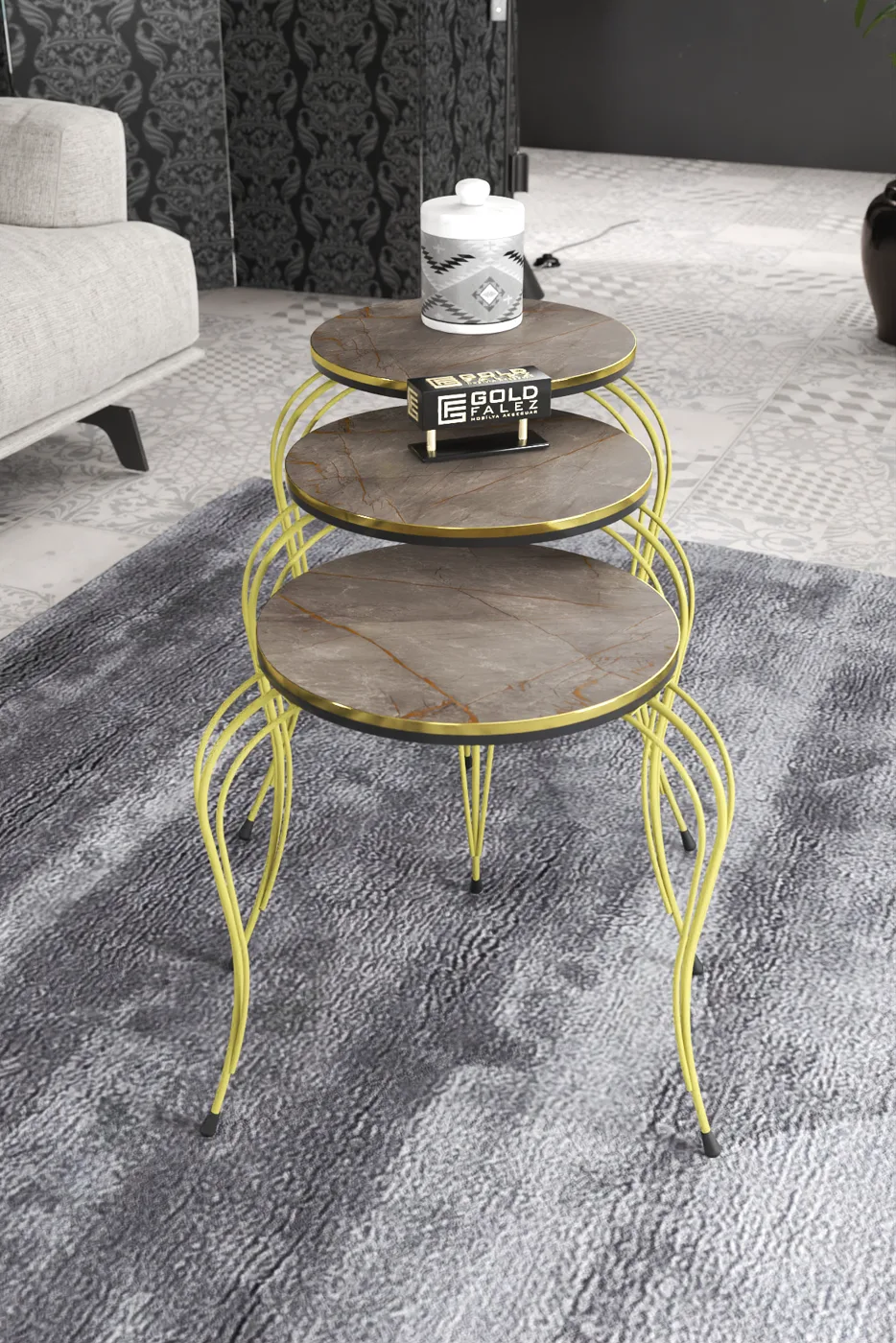 Lukens Gold 3-Piece Round Nesting Table Set - Two-Tone Gordion