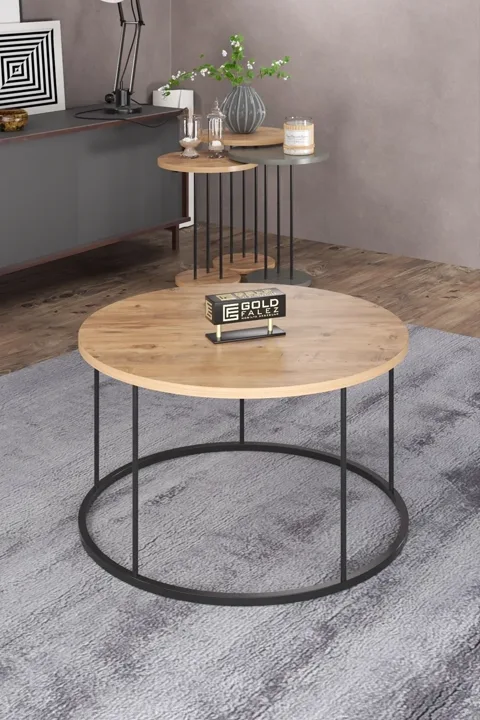 Terra Round Coffee & Nesting Table Set Black Metal Legs - Anthracite Walnut