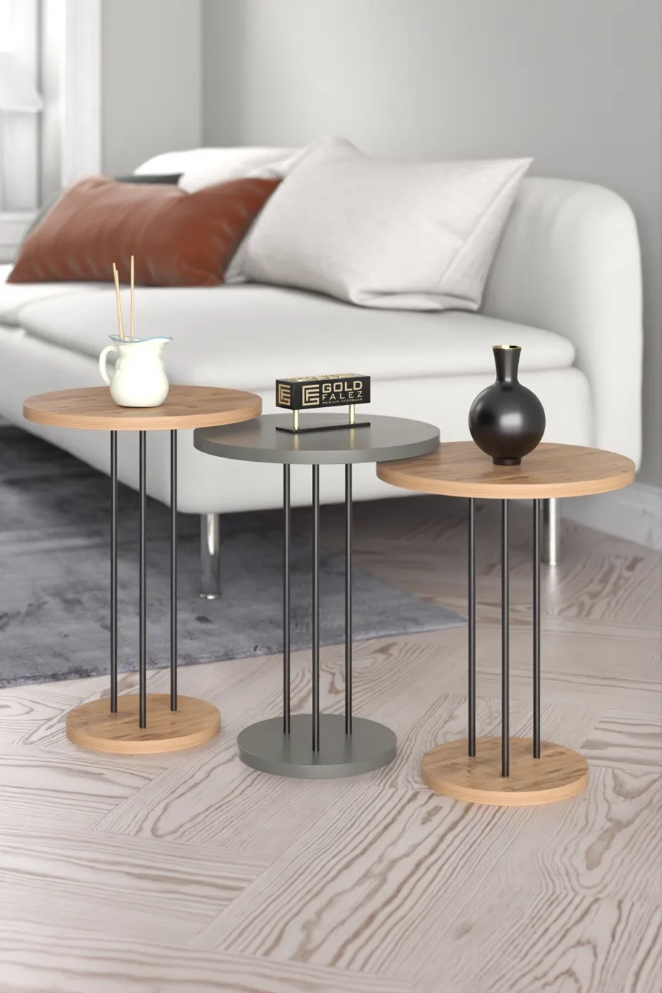 Terra Round Coffee & Nesting Table Set Black Metal Legs - Anthracite Walnut