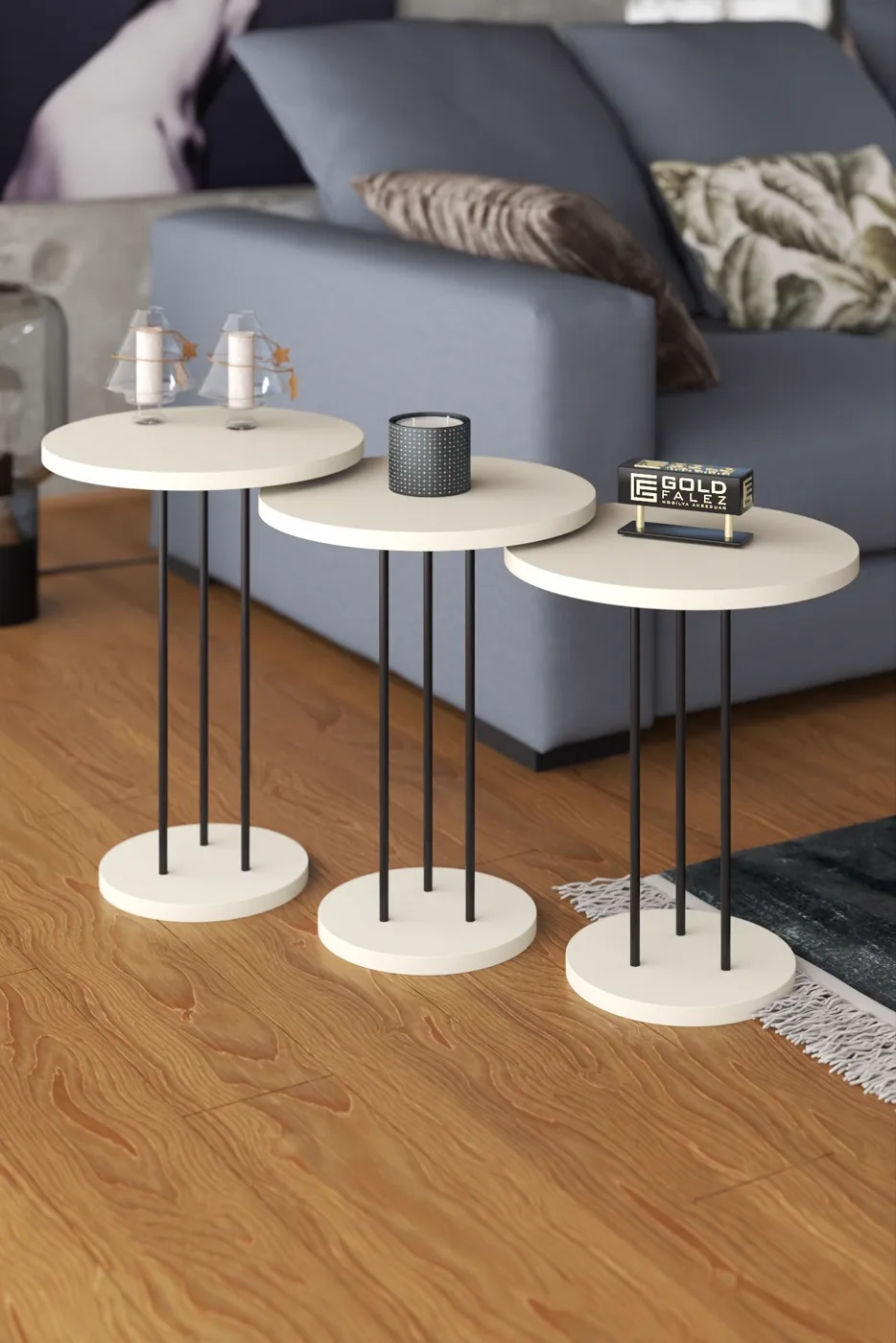 Terra Round Coffee & Nesting Table Set Black Metal Legs - Plain Cream