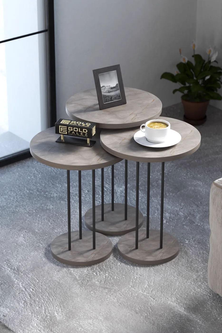Terra Round Coffee & Nesting Table Set Black Metal Legs - Plain Gordion
