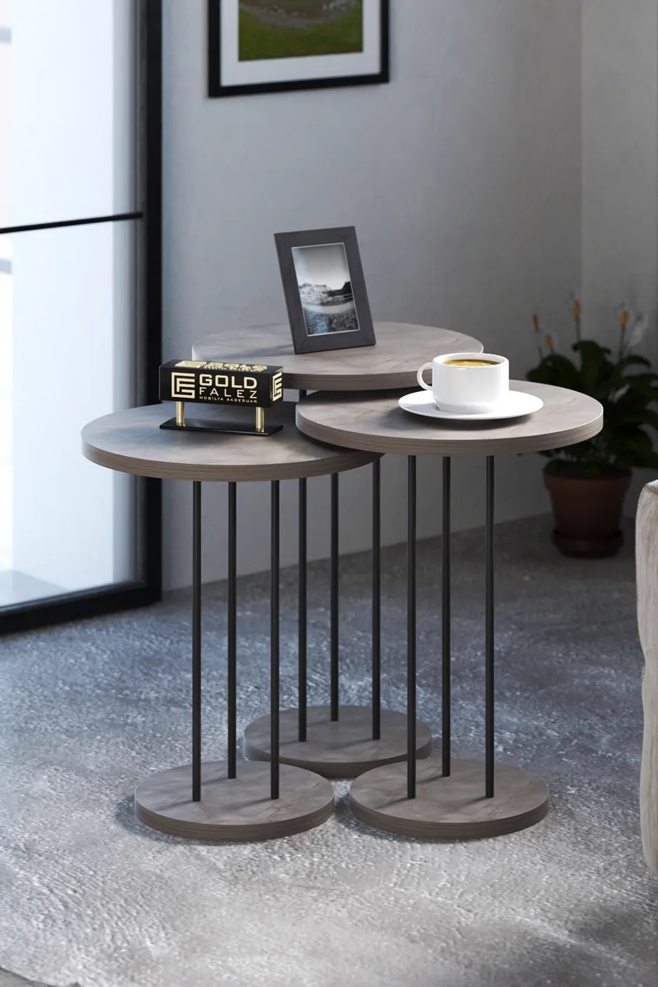 Terra Round Coffee & Nesting Table Set Black Metal Legs - Plain Gordion