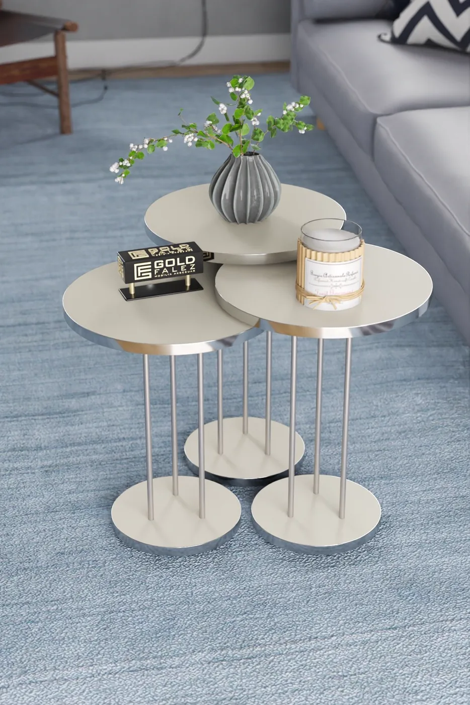 Terra Gold Round Coffee & Nesting Table Set - Silver Cream