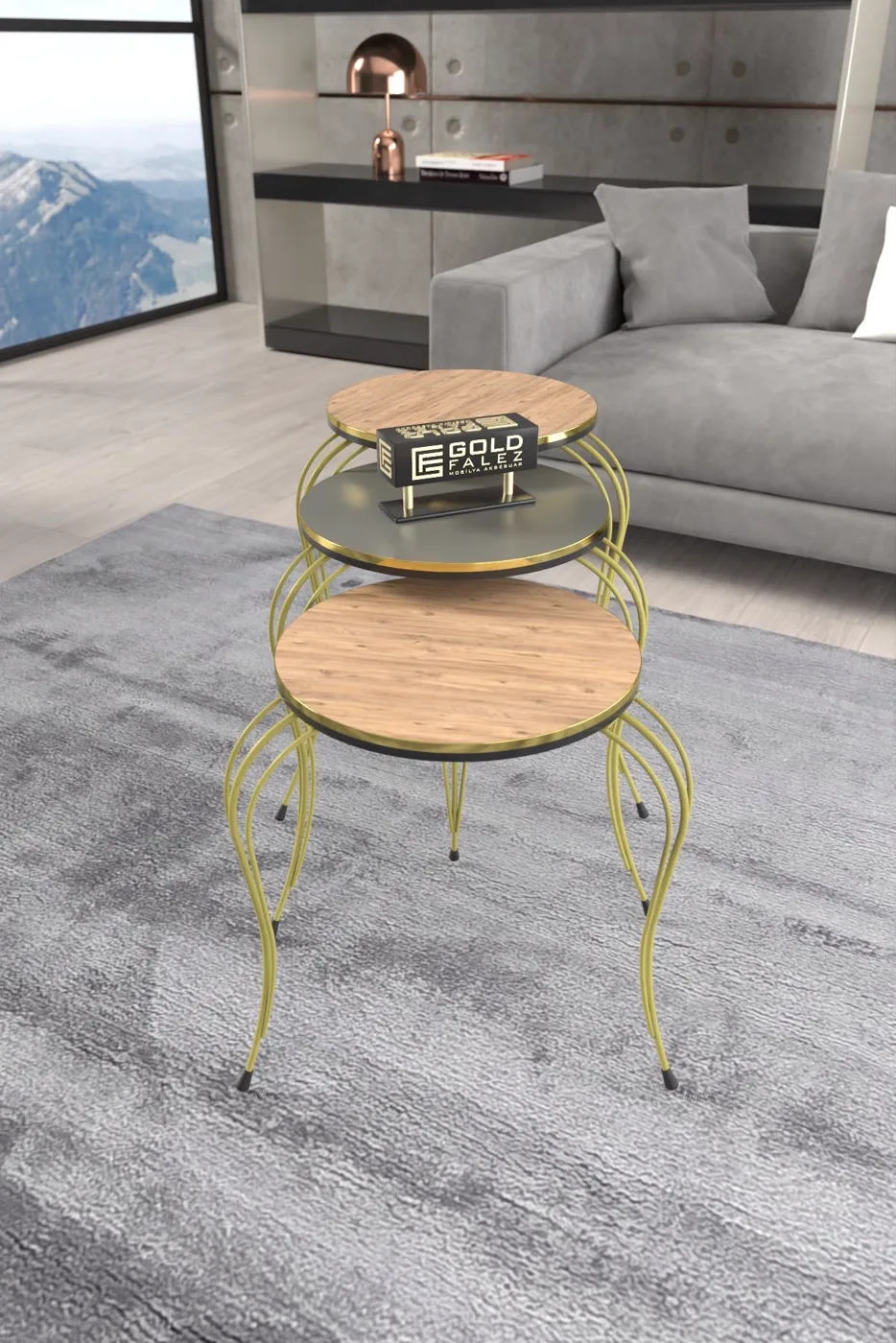 Lukens Gold 3-Piece Round Nesting Table Set - Two-Tone Anthracite Walnut