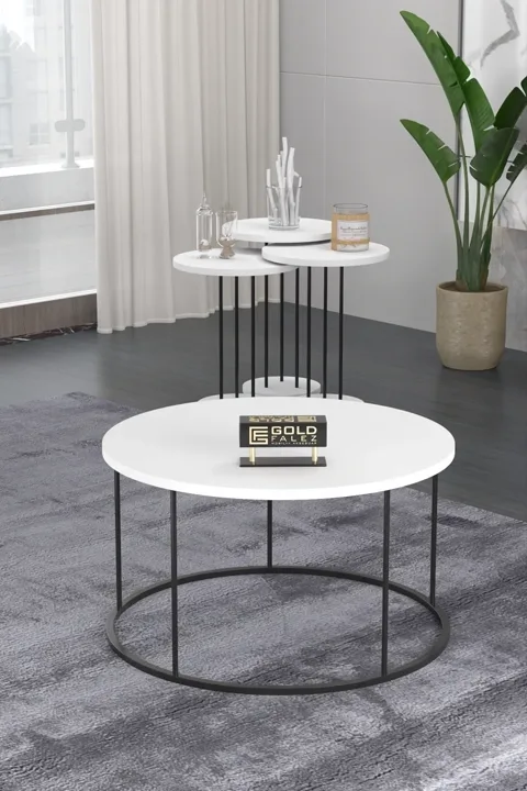 Terra Round Coffee & Nesting Table Set Black Metal Legs - White