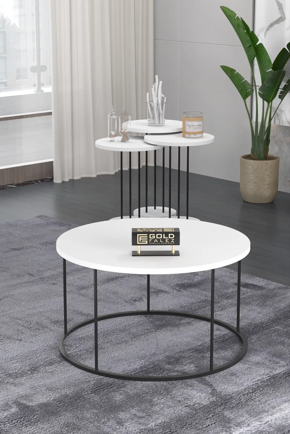 Terra Round Coffee & Nesting Table Set Black Metal Legs - White