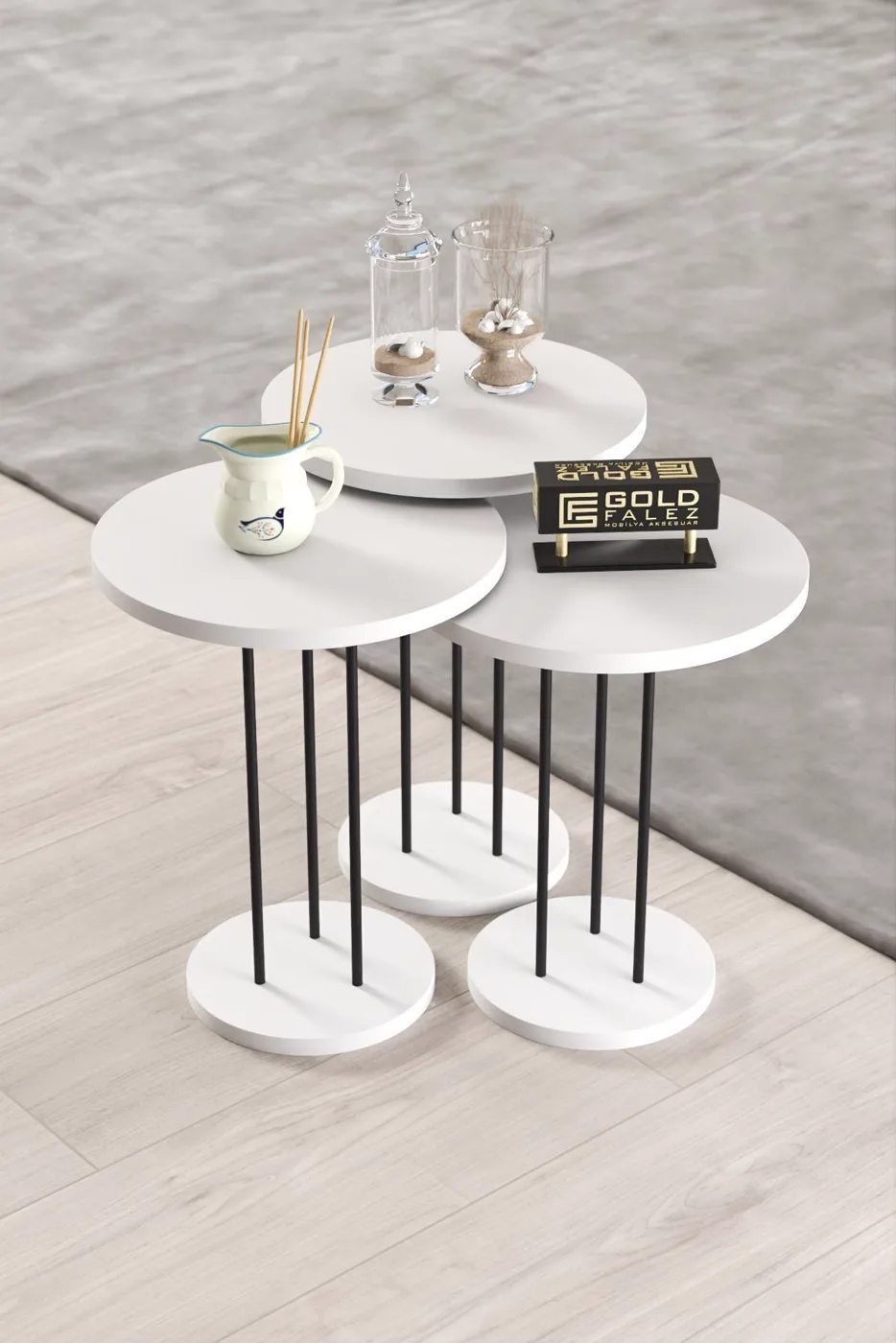Terra Round Coffee & Nesting Table Set Black Metal Legs - White
