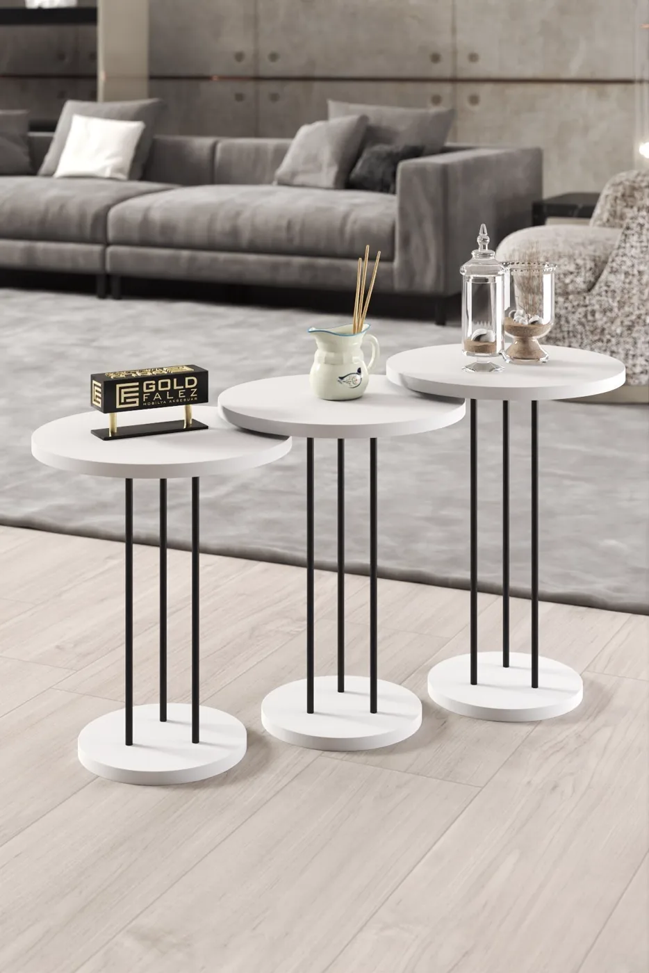 Terra Round Coffee & Nesting Table Set Black Metal Legs - White