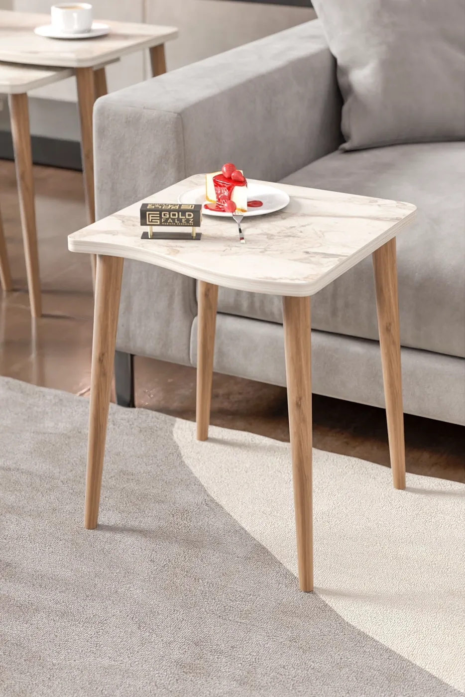 Turned Leg 4-Piece Square Nesting Table Set - White Marble Effect