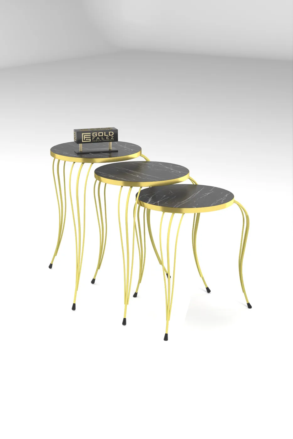 Lukens Gold 3-Piece Round Nesting Table Set - Black Marble Effect