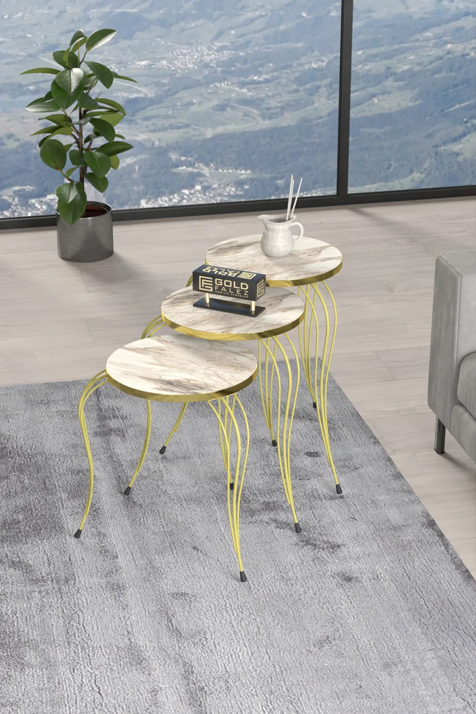Lukens Gold 3-Piece Round Nesting Table Set - White Marble Effect