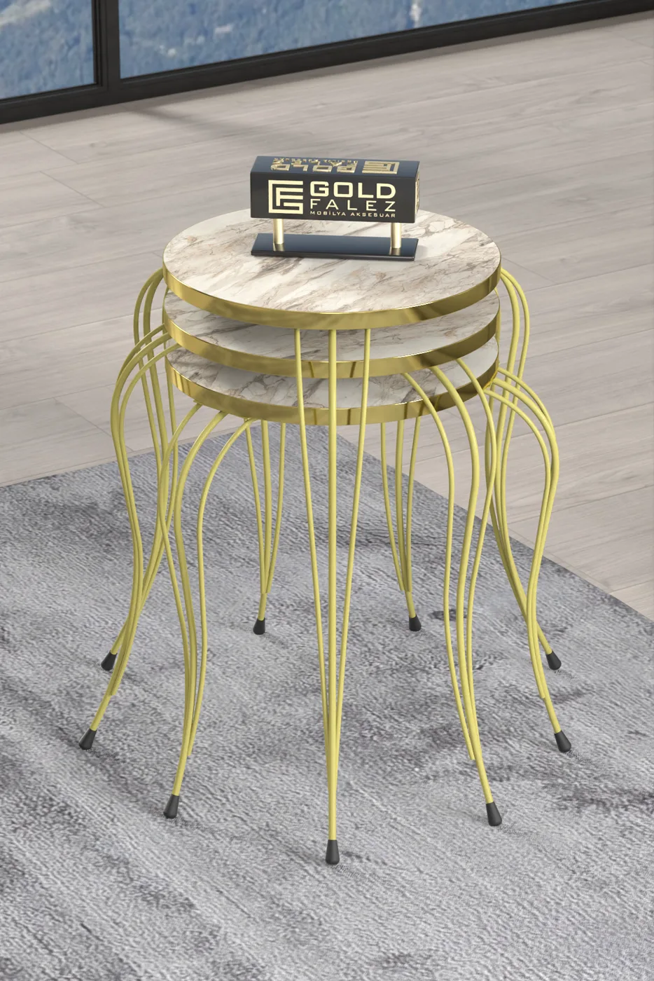Lukens Gold 3-Piece Round Nesting Table Set - White Marble Effect