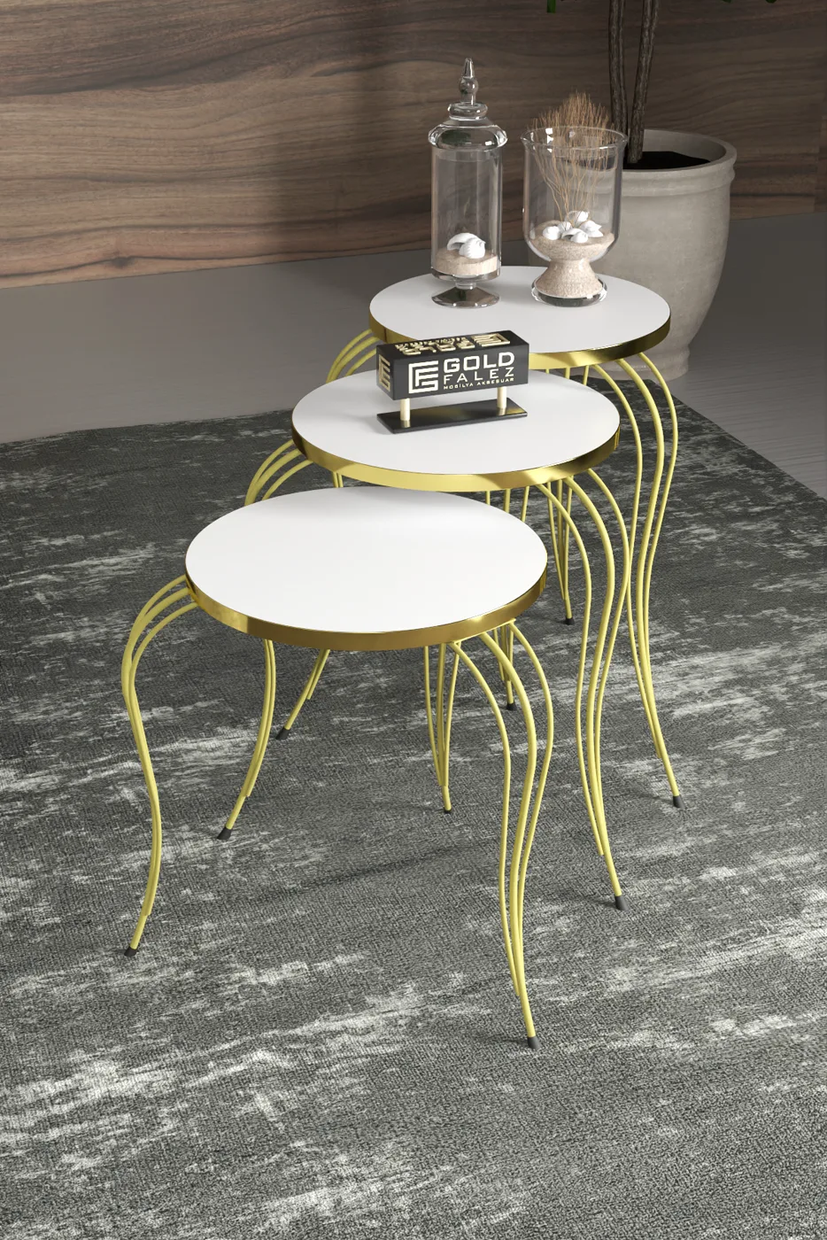 Lukens Gold 3-Piece Round Nesting Table Set - White