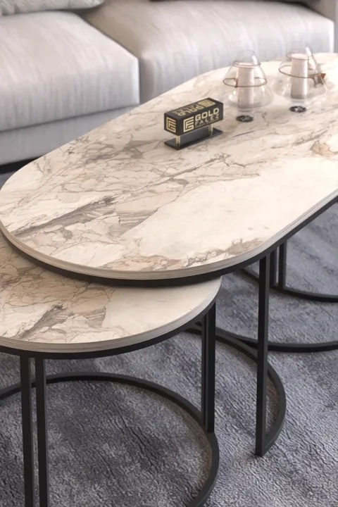 Dolunay Coffee & Side Table Set - White Marble Effect