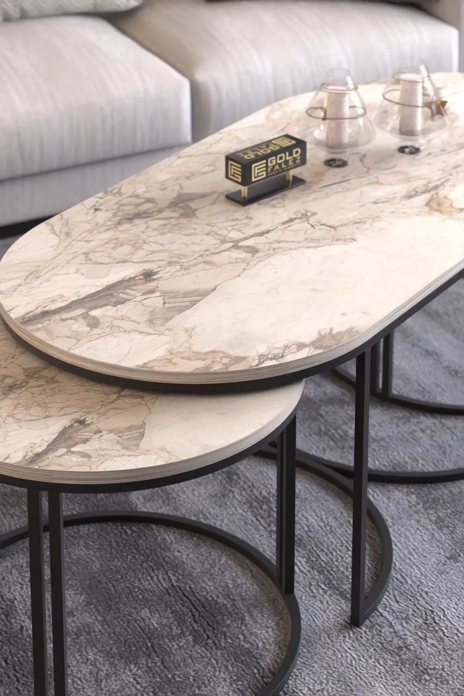 Dolunay Coffee & Side Table Set - White Marble Effect