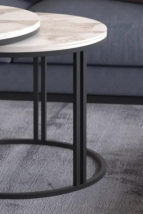 Dolunay Coffee & Side Table Set - White Marble Effect