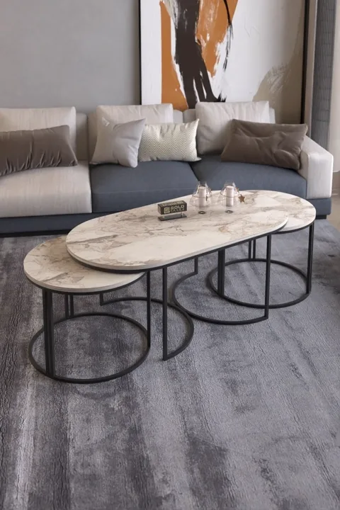 Dolunay Coffee & Side Table Set - White Marble Effect