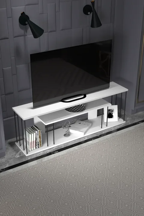 TV Stand with Shelves - White