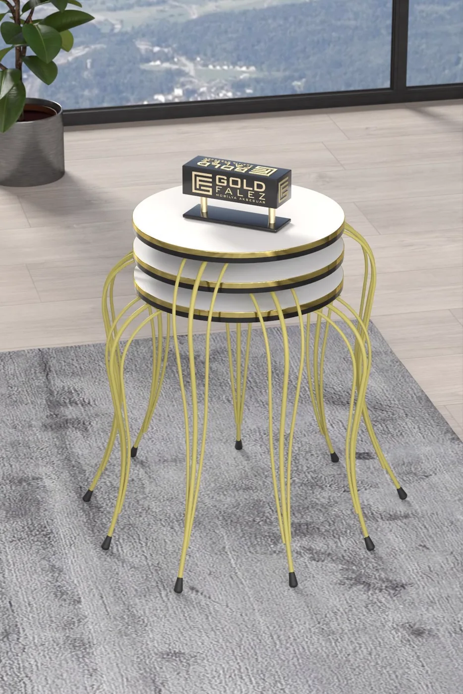 Lukens Gold 3-Piece Round Nesting Table Set - Two-Tone White