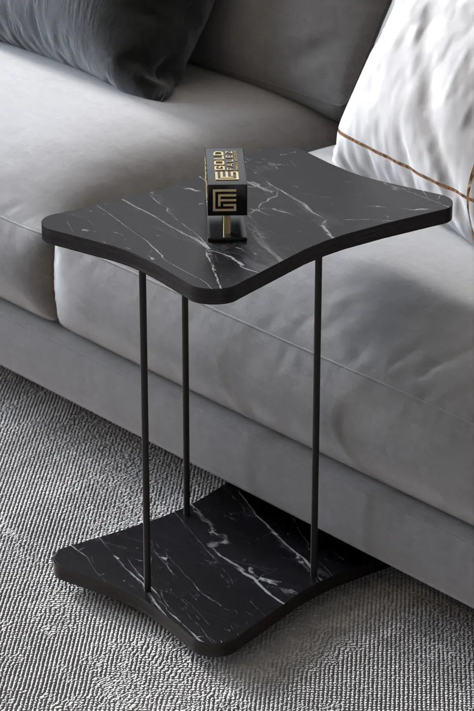 Rectangular Rolling Side Table - Black Marble Effect