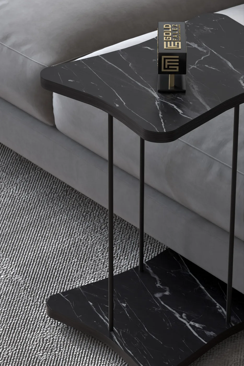Rectangular Rolling Side Table - Black Marble Effect