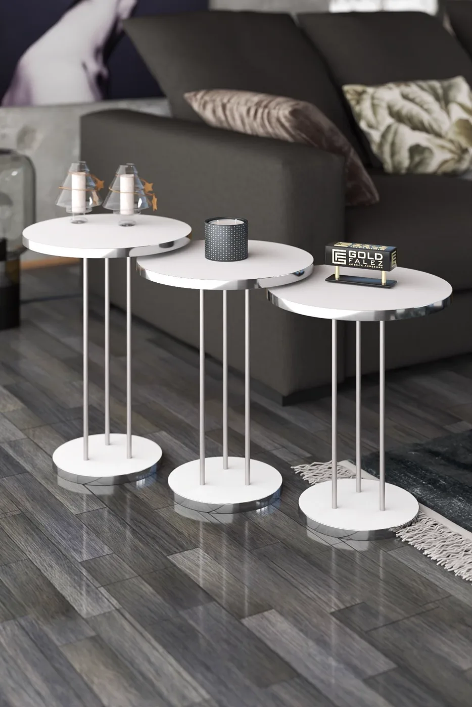Terra Gold Round Coffee & Nesting Table Set - Silver White