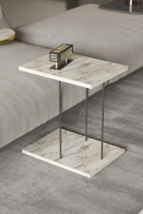 Rectangular Rolling Laptop Side Table - White Marble Effect